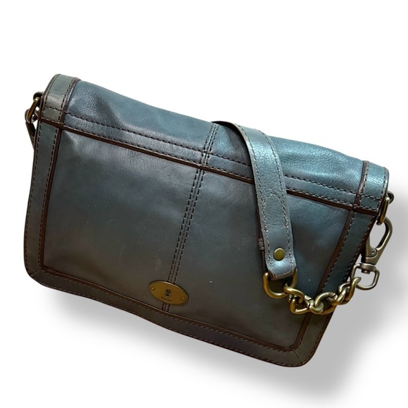 FOSSIL ‘LONG LIVE VINTAGE’ Leather Denim Blue Shoulder Flap Bag Removable Strap - Picture 4 of 11